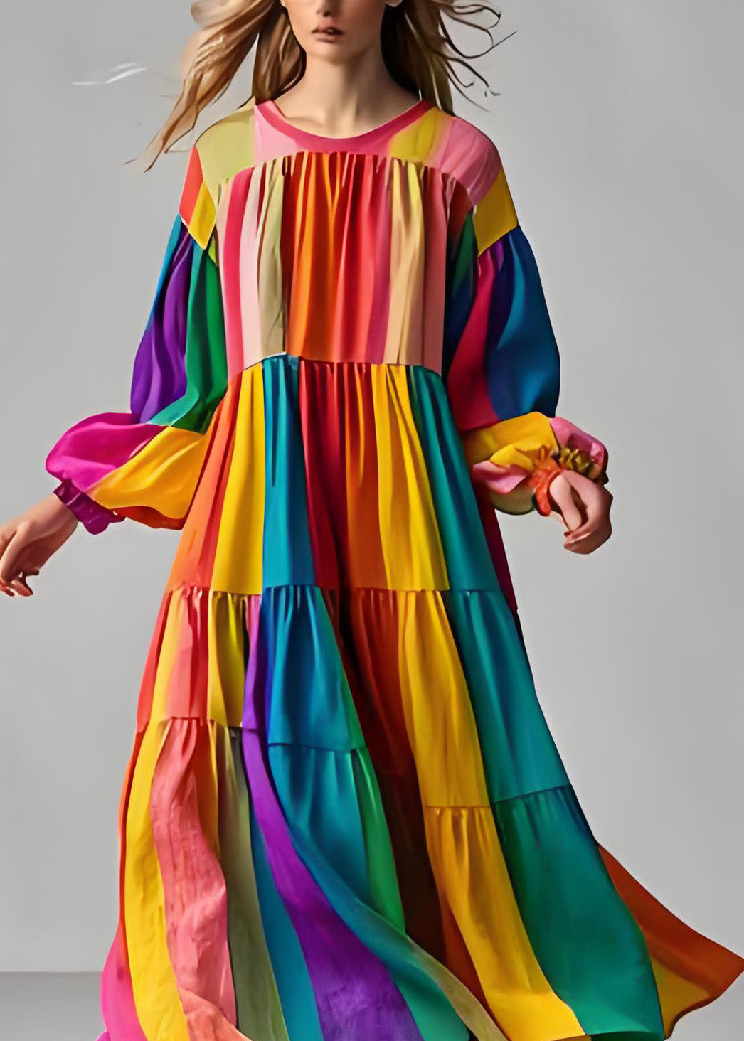 Women Colorblock O Neck Wrinkled Patchwork Cotton Dress Long Sleeve