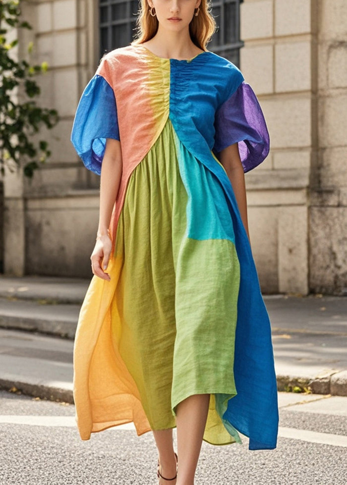 Women Colorblock Puff Sleeve Patchwork Wrinkled Cotton Long Dresses