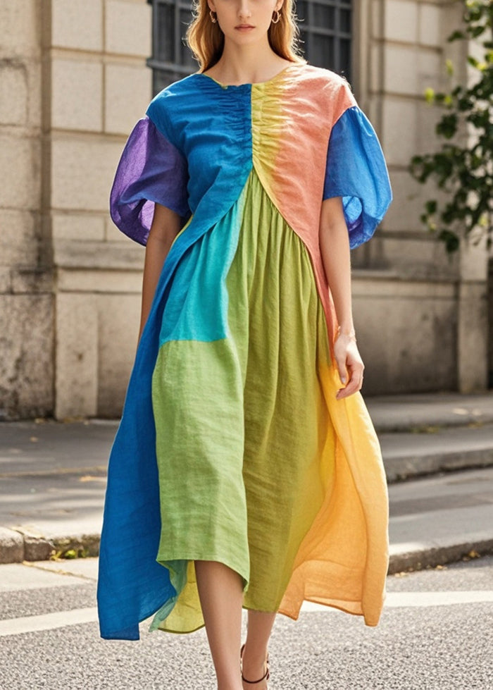 Women Colorblock Puff Sleeve Patchwork Wrinkled Cotton Long Dresses