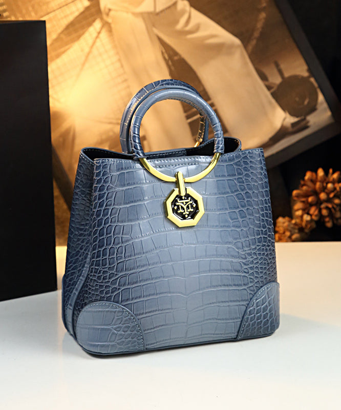 Women Dark Blue Large Capacity Calf Leather Tote Handbag