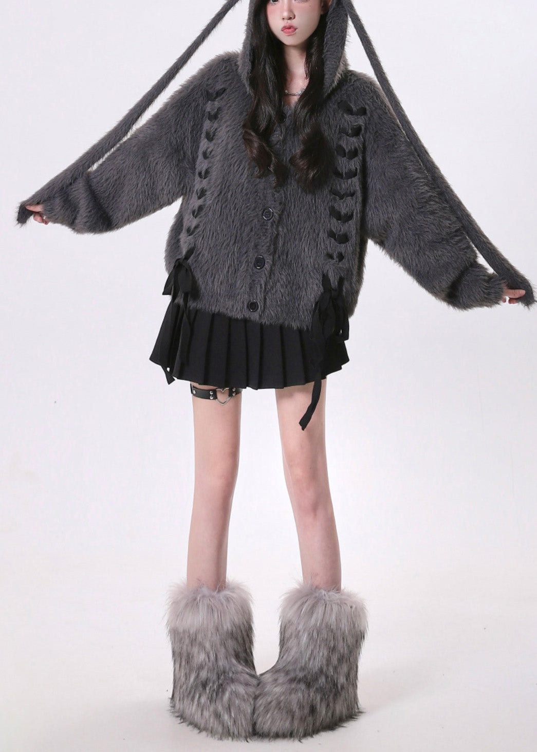 Women Dark Grey Oversized Bow Knit Rabbit Ears Hoodies Outwear Spring