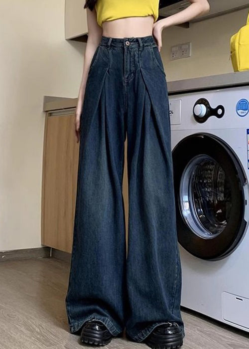 Women Denim Blue Button Pockets Denim Wide Leg Pants Summer