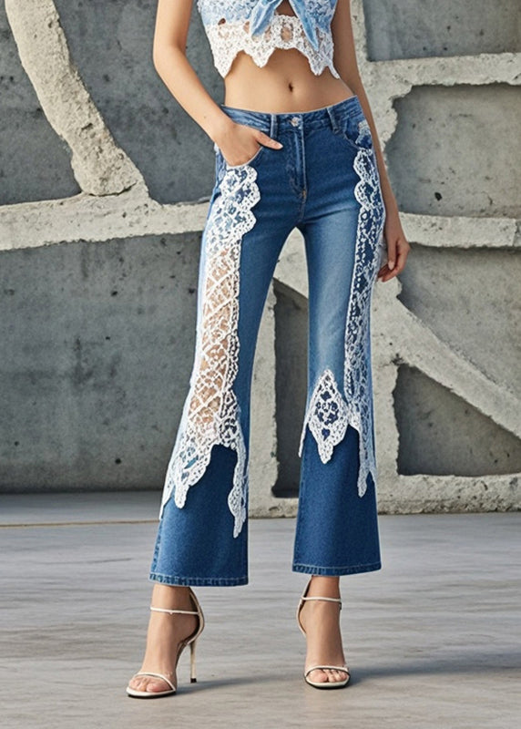 Women Denim Blue Lace Patchwork Slim Fit Flared Trousers Fall