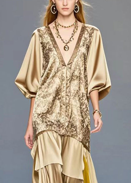 Women Golden V Neck Patchwork Print Silk Dress Summer