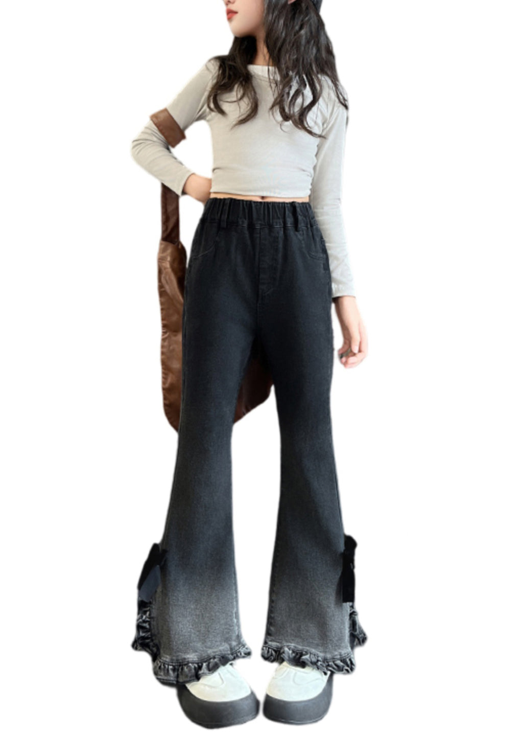 Women Gradient Color Ruffled Side Open Bell-bottom Trousers Spring