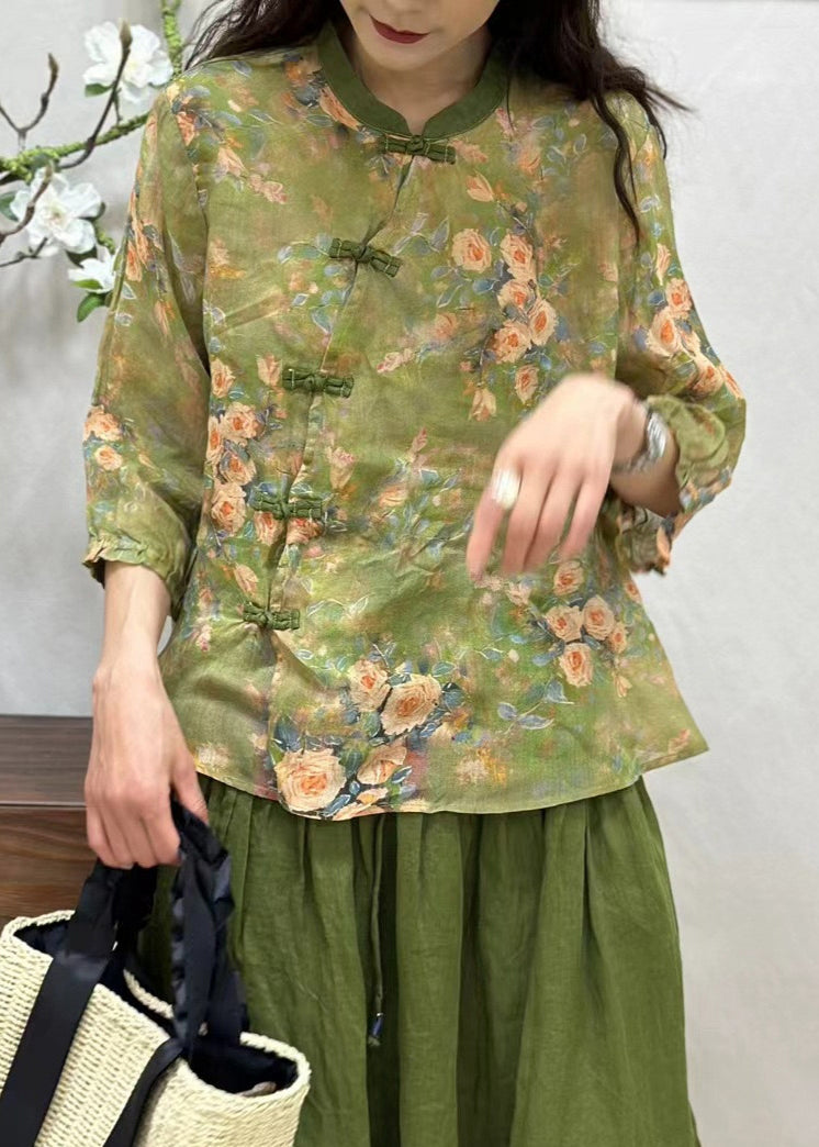 Women Green Chinese Button Print Linen Shirt Bracelet Sleeve