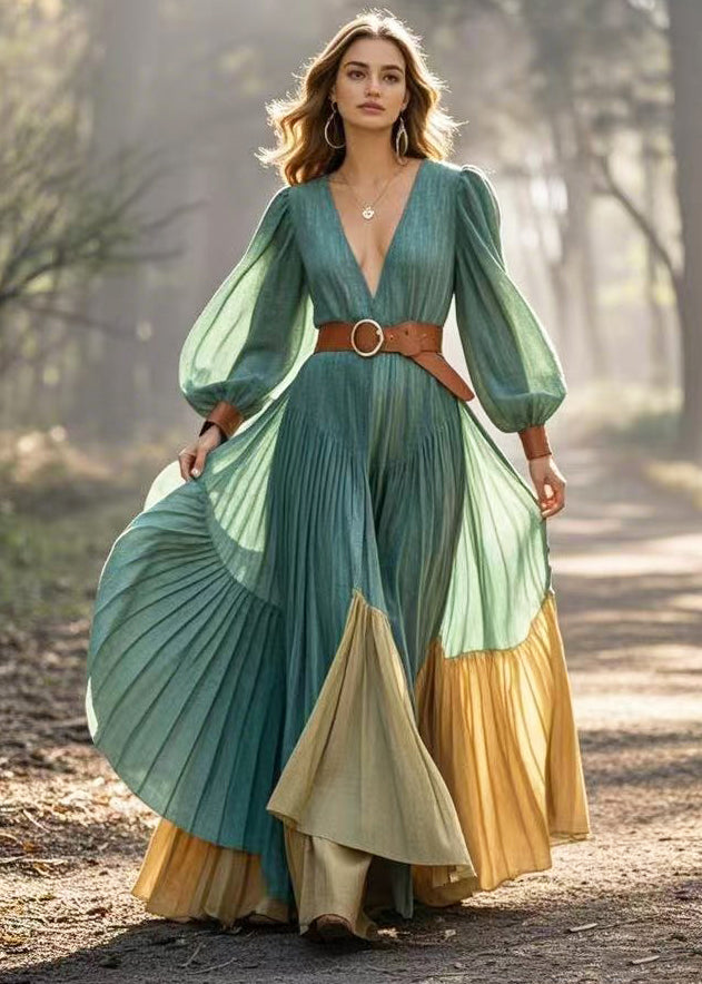 Women Green Cinched Patchwork Exra Large Hem Pleated Dress Spring