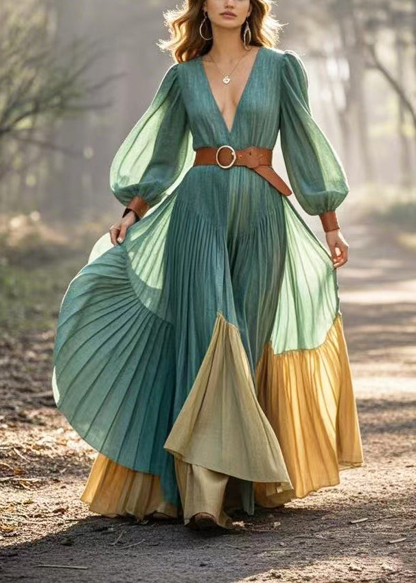 Women Green Cinched Patchwork Exra Large Hem Pleated Dress Spring