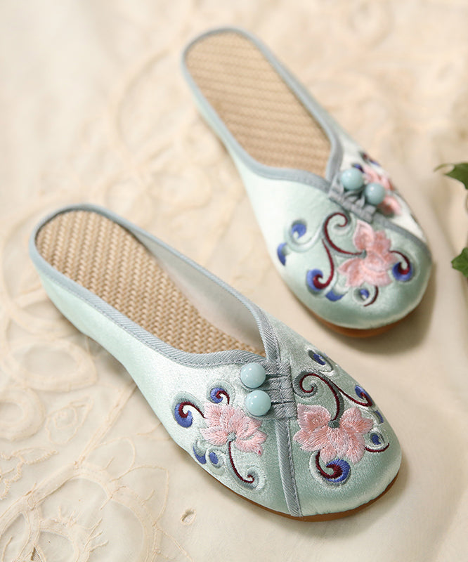 Women Green Embroidered Button Cotton Fabric Slide Sandals