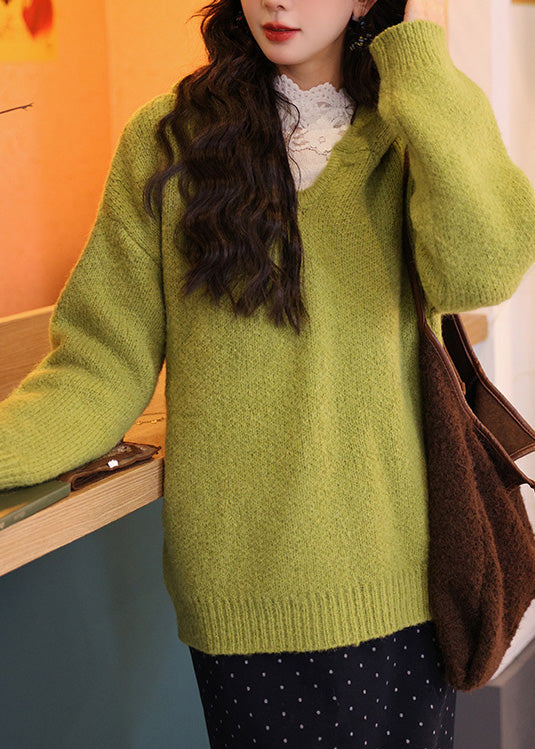 Women Green Hooded Loose Knit Sweaters Spring