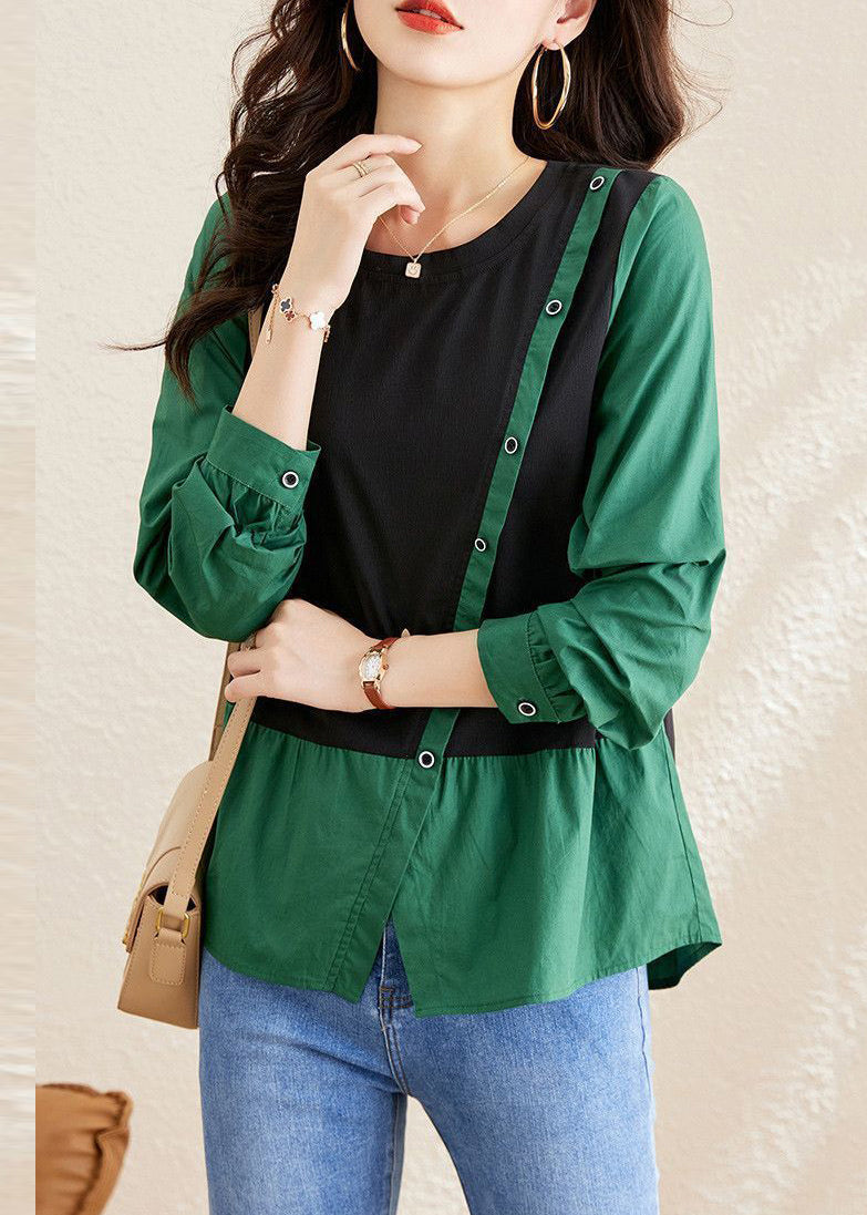 Women Green O-Neck Asymmetrical Patchwork Wrinkled Top Long Sleeve