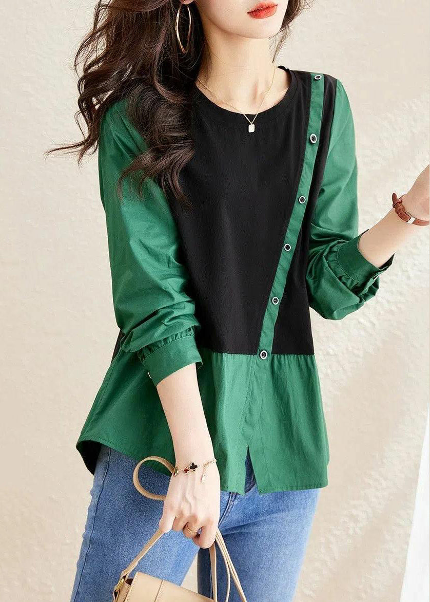 Women Green O-Neck Asymmetrical Patchwork Wrinkled Top Long Sleeve