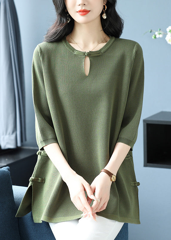 Women Green O Neck Oriental Button Ice Silk Knit Top Spring