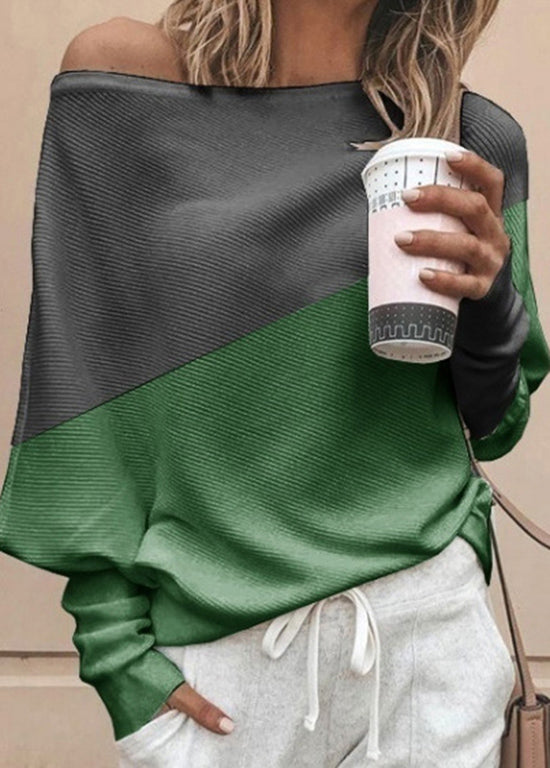 Women Green O Neck Patchwork Cotton Tops Batwing Sleeve