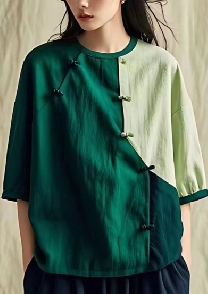 Women Green Oversized Patchwork Chinese Button Linen Shirt Summer