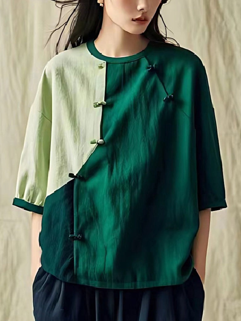 Women Green Oversized Patchwork Chinese Button Linen Shirt Summer