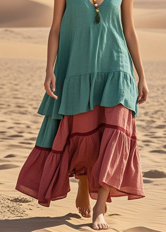 Women Green Oversized Patchwork Cotton Ankle Dress Summer