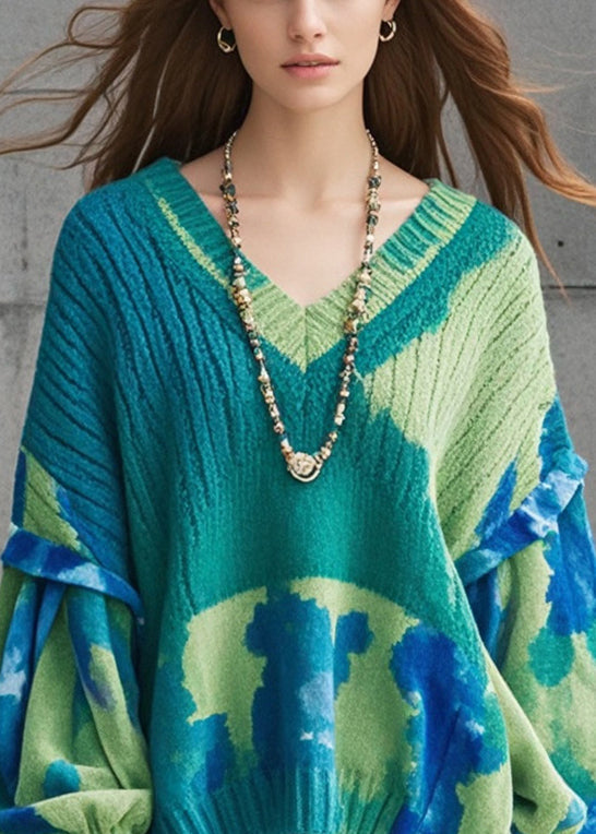 Women Green Oversized Tie Dye Knitted Tops Lantern Sleeve