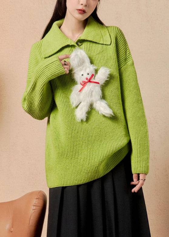 Women Green Peter Pan Collar Patchwork Knit Sweaters Winter