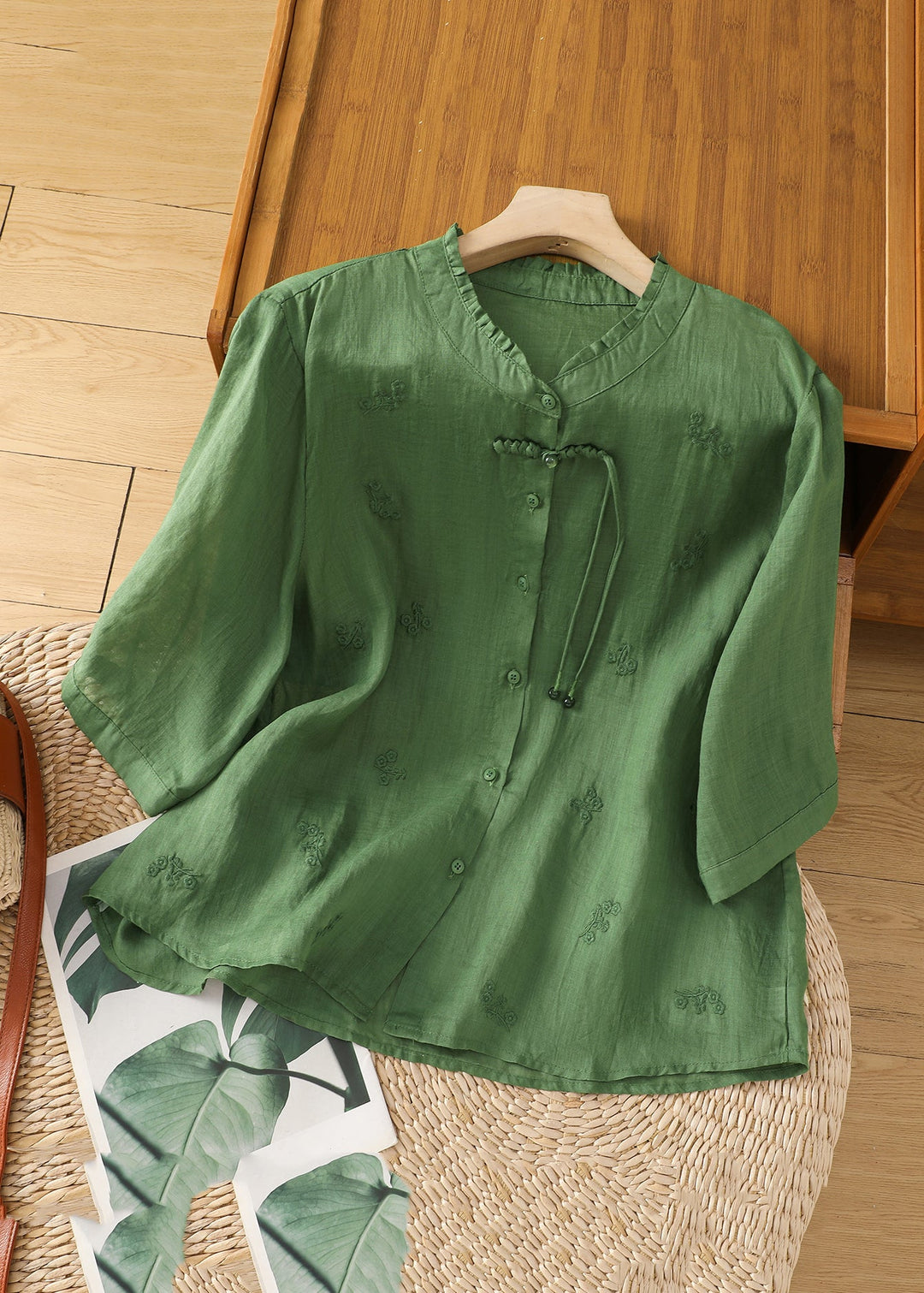 Women Green Stand Collar Embroidered Shirts Summer