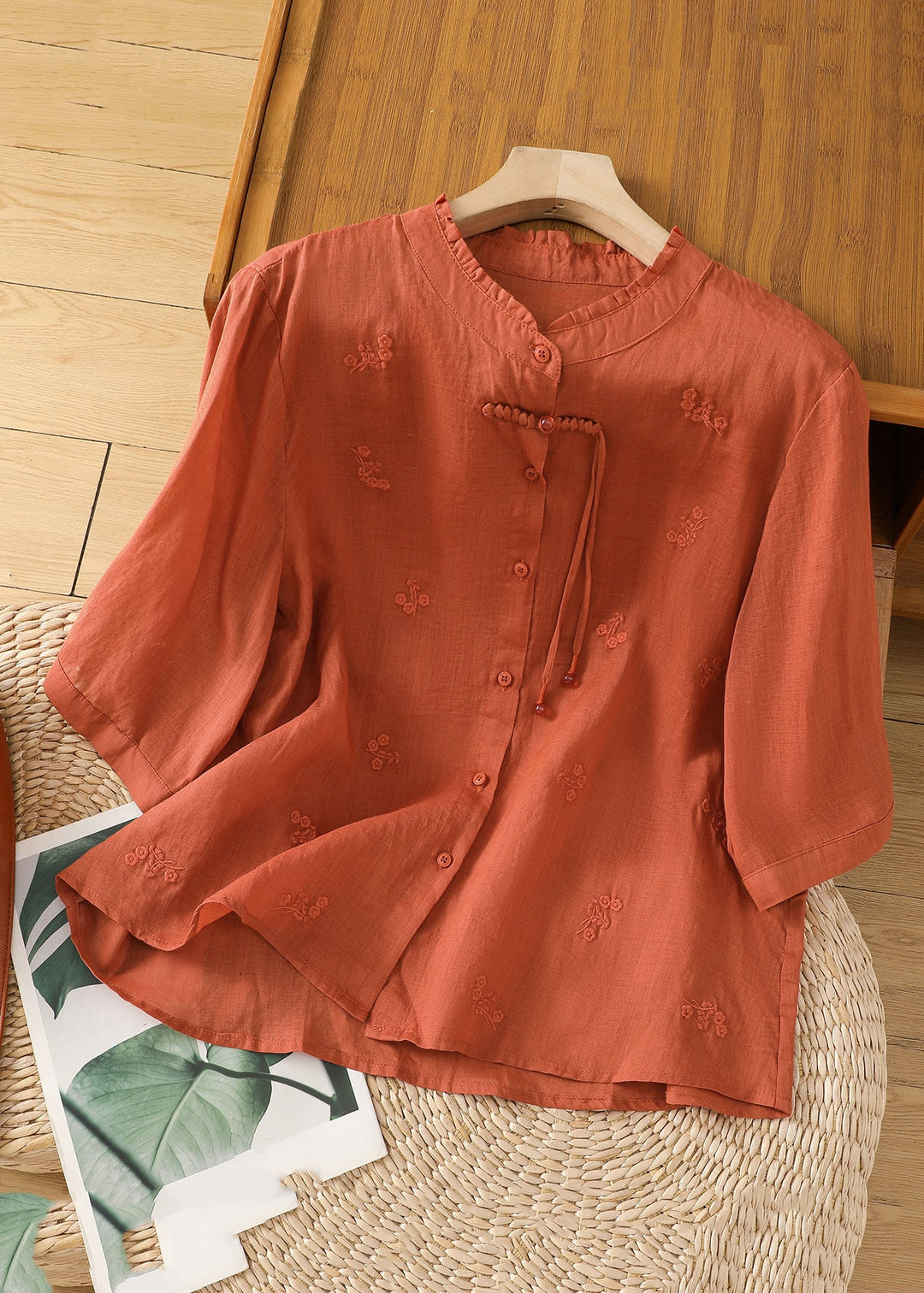 Women Green Stand Collar Embroidered Shirts Summer