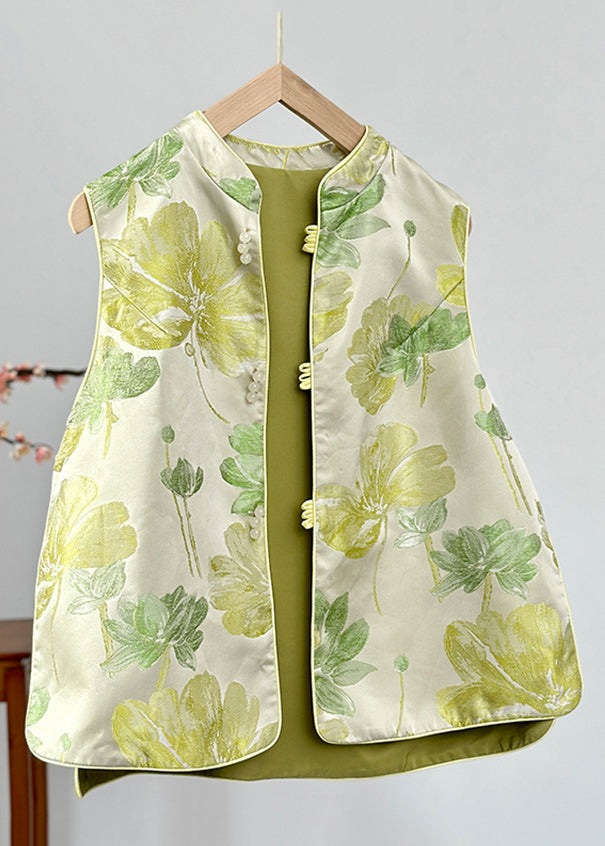 Women Green Stand Collar Print Button Satin Waistcoat Fall