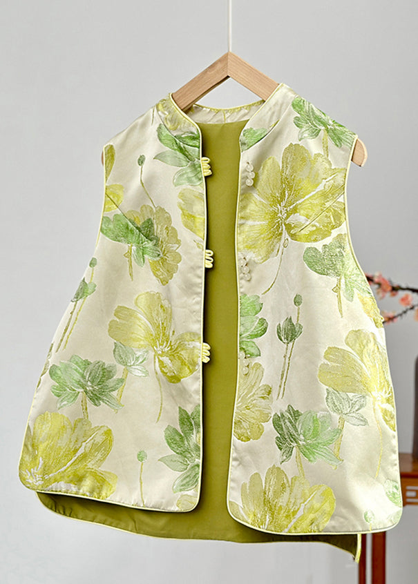 Women Green Stand Collar Print Button Satin Waistcoat Fall