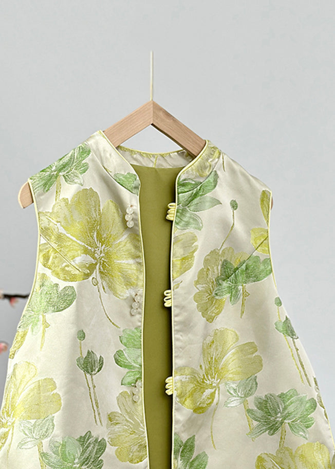 Women Green Stand Collar Print Button Satin Waistcoat Fall