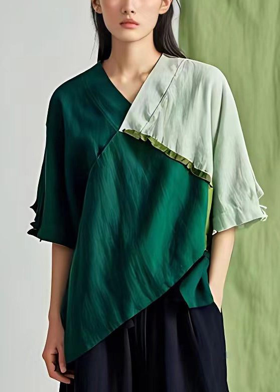 Women Green V Neck Asymmetrical Cotton T Shirt Half Sleeve