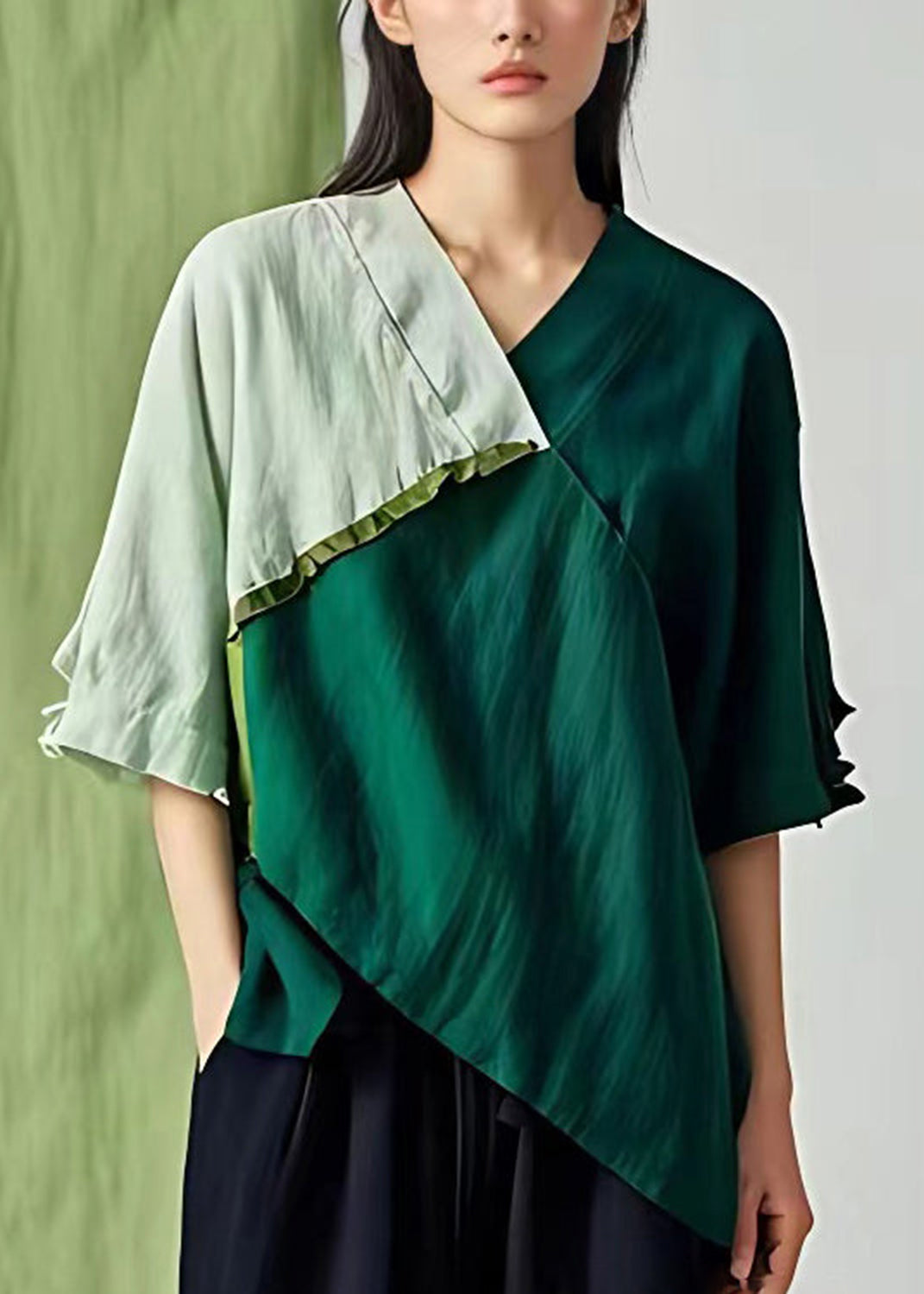 Women Green V Neck Asymmetrical Cotton T Shirt Half Sleeve