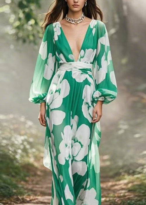 Women Green V Neck Print Chiffon Maxi Dress Spring