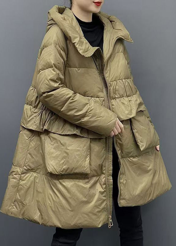 Women Green Zippered Patchwork Pockets Hooded Parka Winter