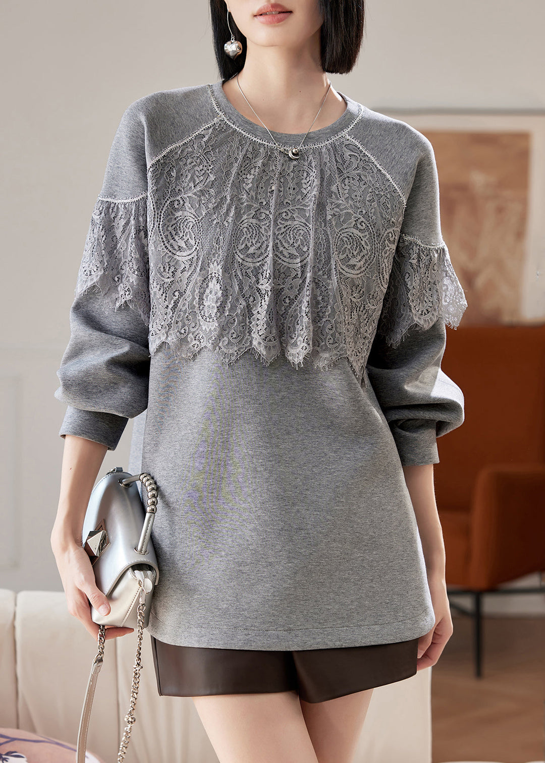 Women Grey O Neck Lace Patchwork Cotton Sweatshirts Spring