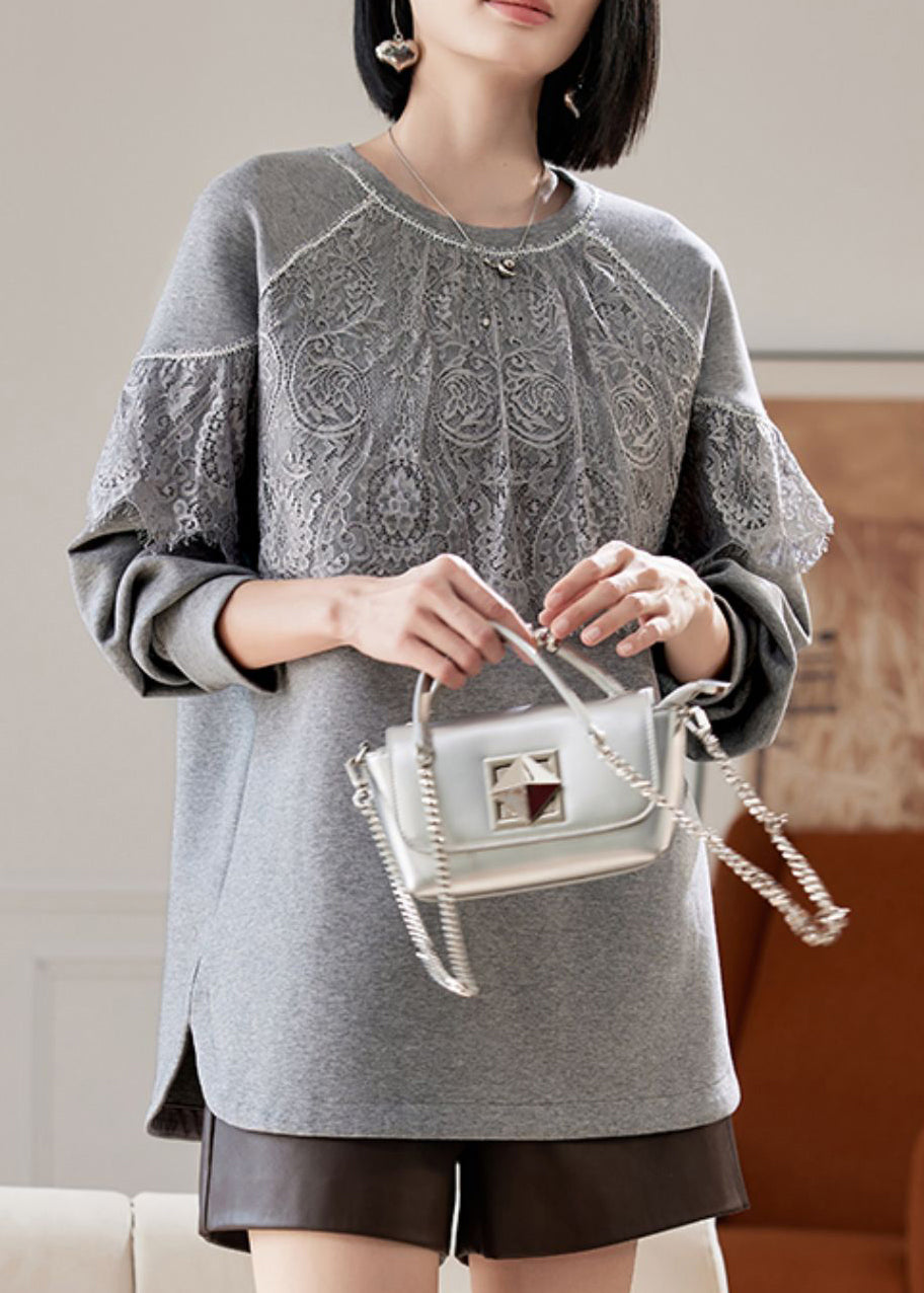 Women Grey O Neck Lace Patchwork Cotton Sweatshirts Spring