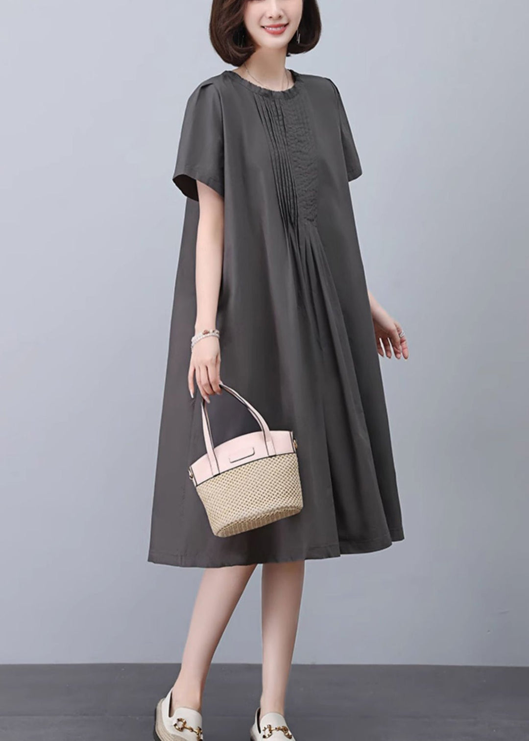 Women Grey O-Neck Solid Cotton Dresses Summer