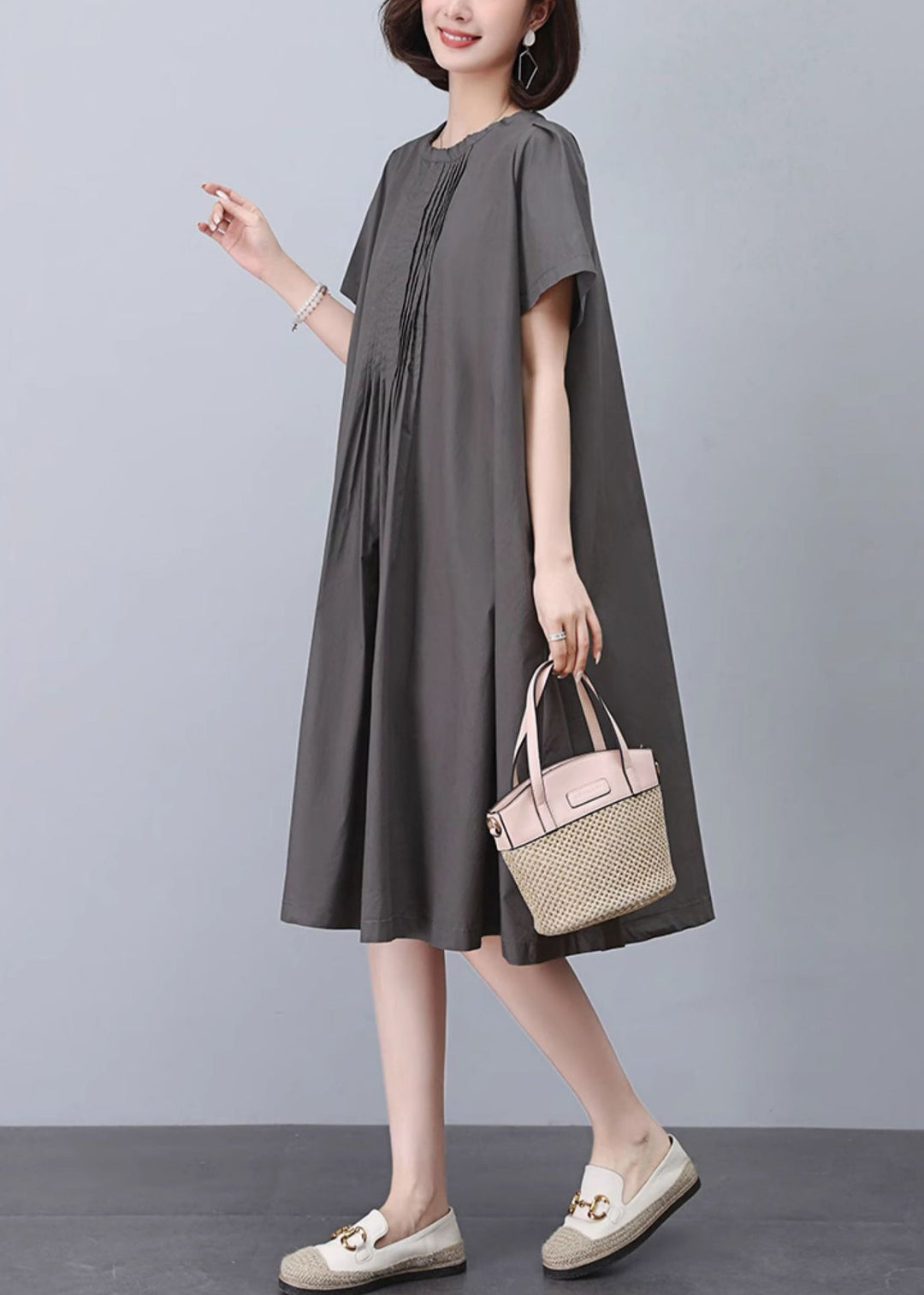 Women Grey O-Neck Solid Cotton Dresses Summer