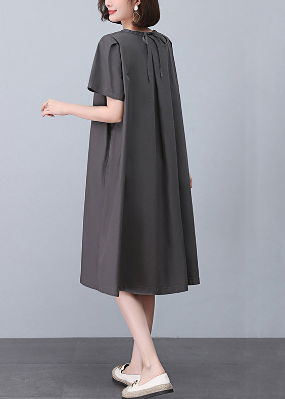 Women Grey O-Neck Solid Cotton Dresses Summer