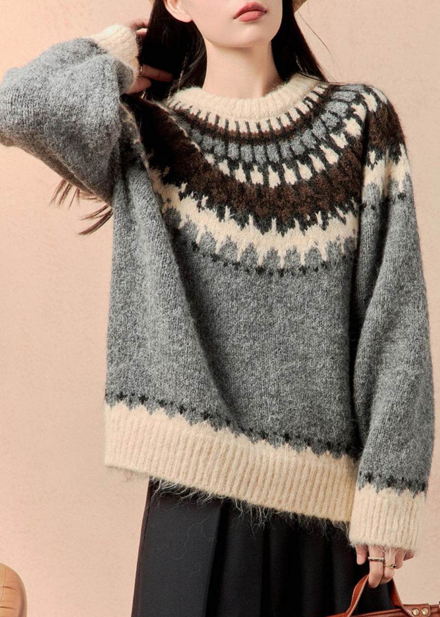 Women Grey O Neck Thick Patchwork Knit Sweater Winter