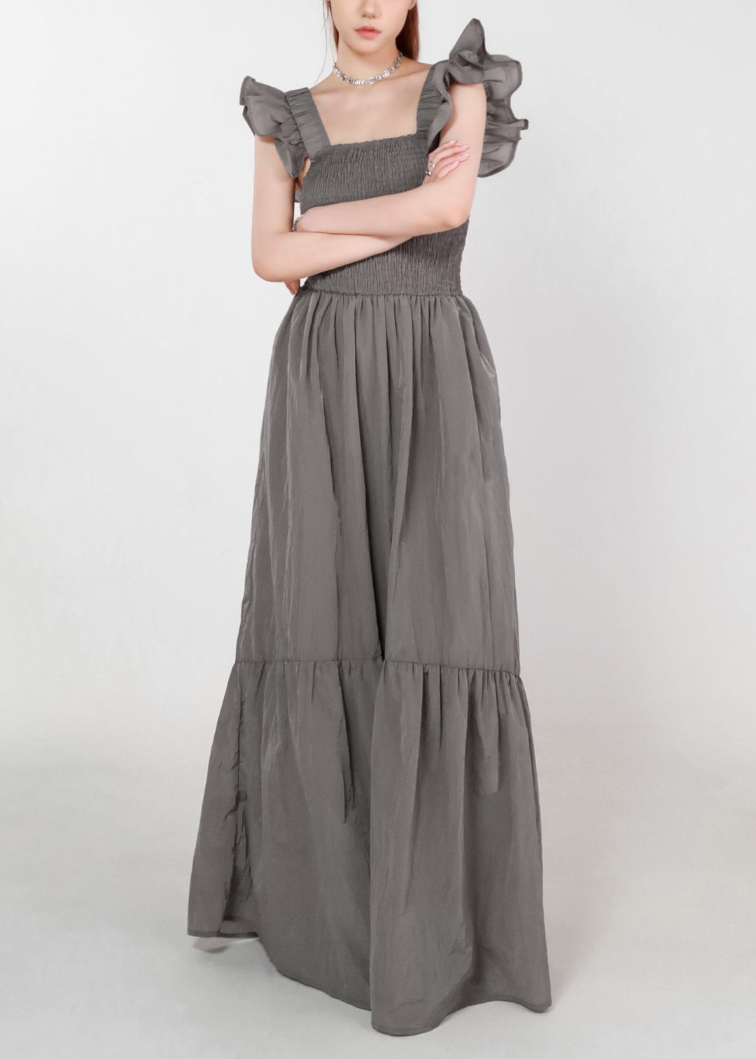 Women Grey Pockets High Waist Cotton Long Dress Summer