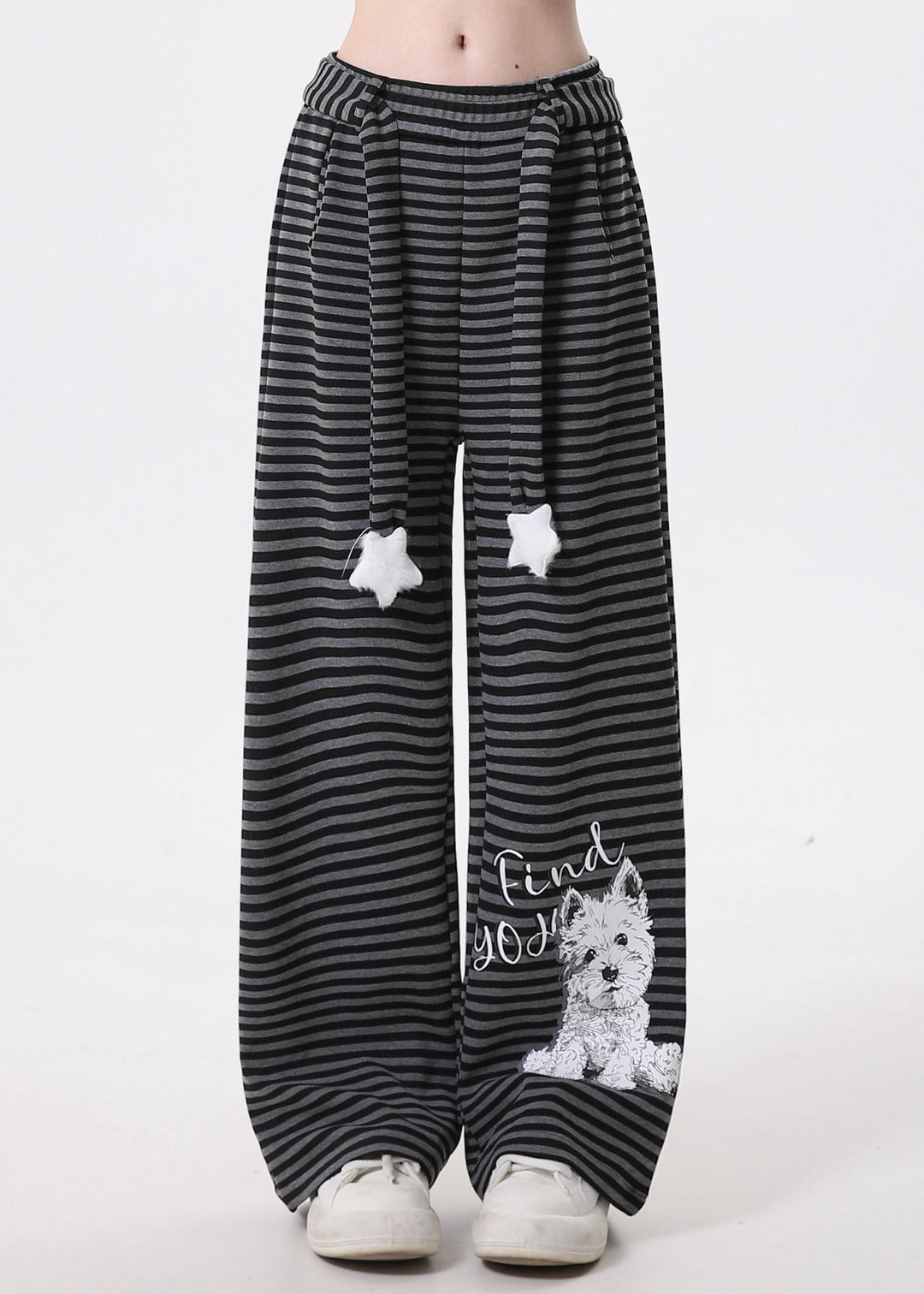 Women Grey Striped Animal Print Cotton Pants Spring