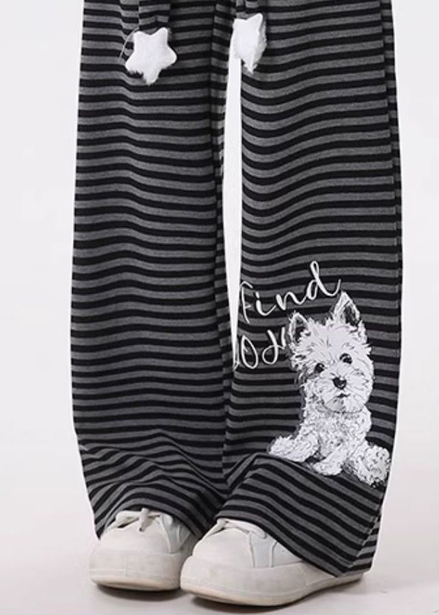 Women Grey Striped Animal Print Cotton Pants Spring