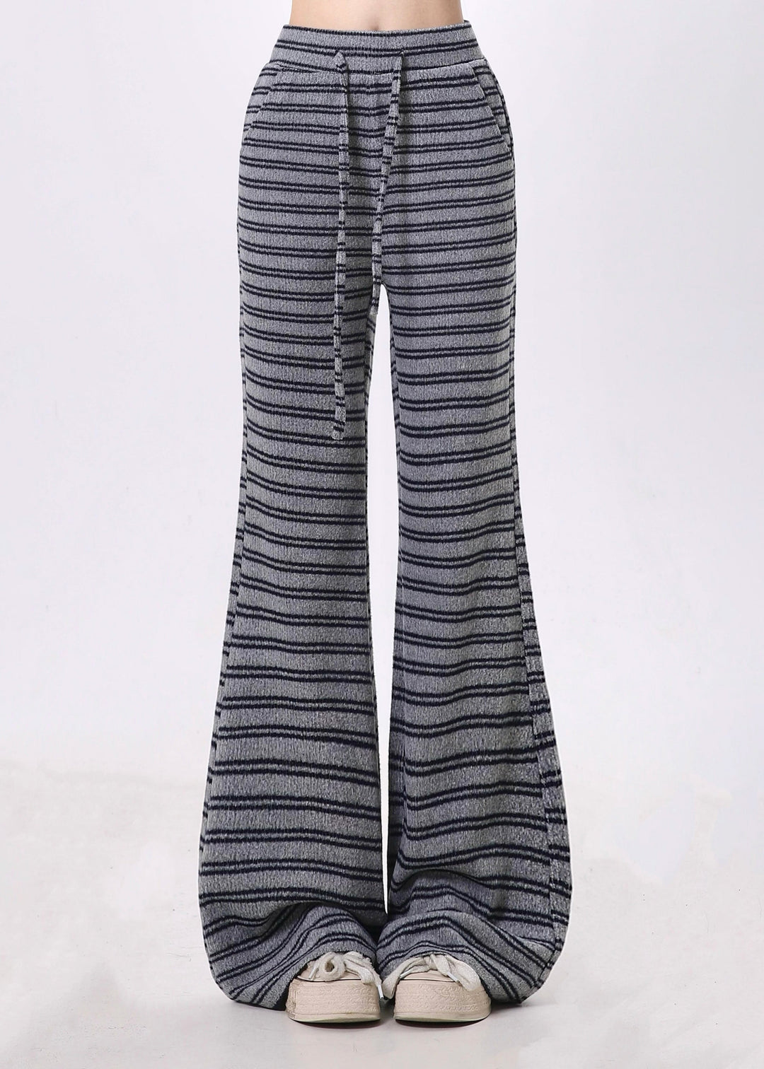 Women Grey Striped Cotton Bell-bottom Trousers Spring