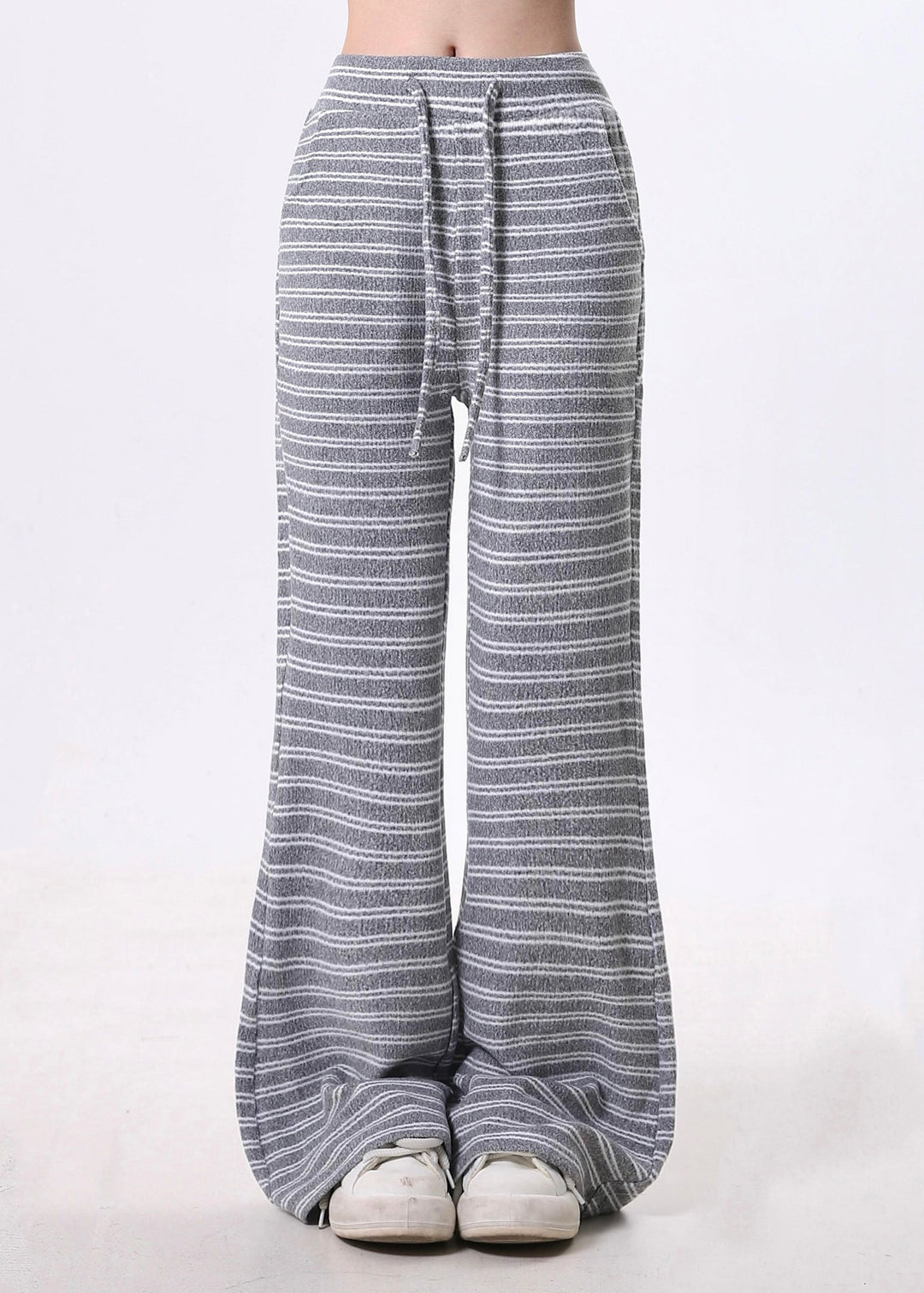 Women Grey Striped Cotton Bell-bottom Trousers Spring