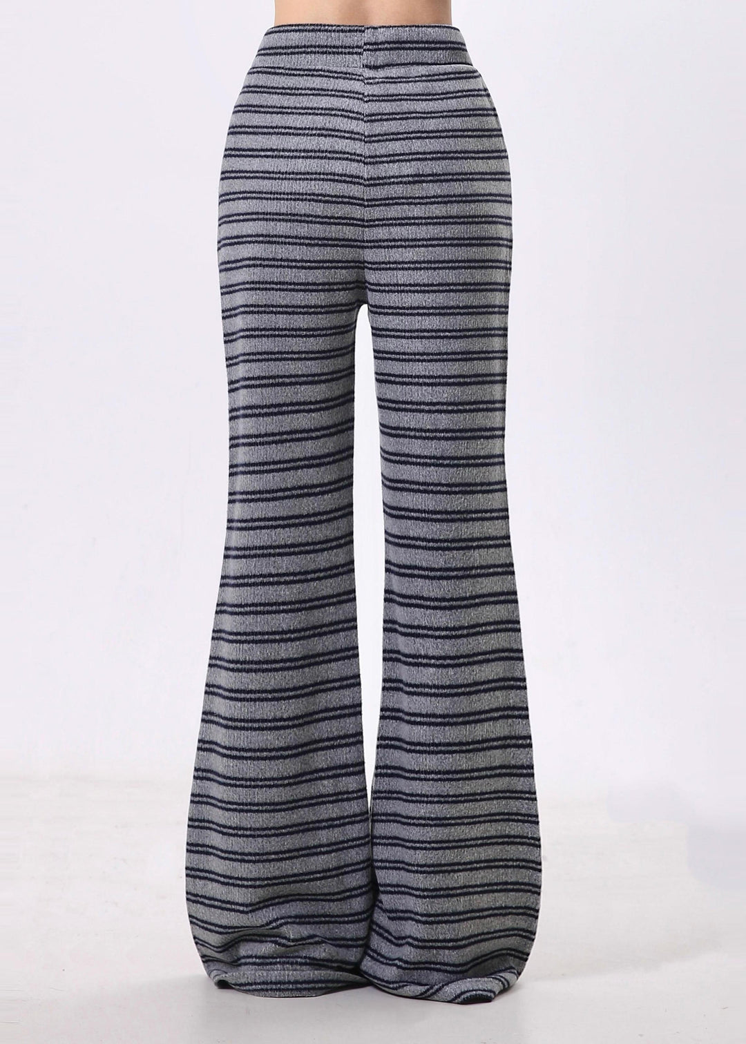 Women Grey Striped Cotton Bell-bottom Trousers Spring