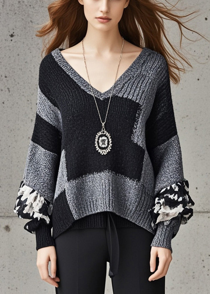 Women Grey V Neck Patchwork Knit Sweater Fall