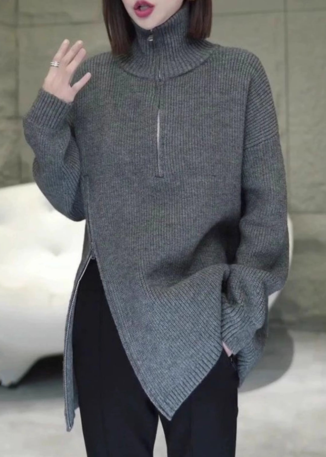 Women Grey Zip Up Asymmetrical Loose Knit Sweaters Spring