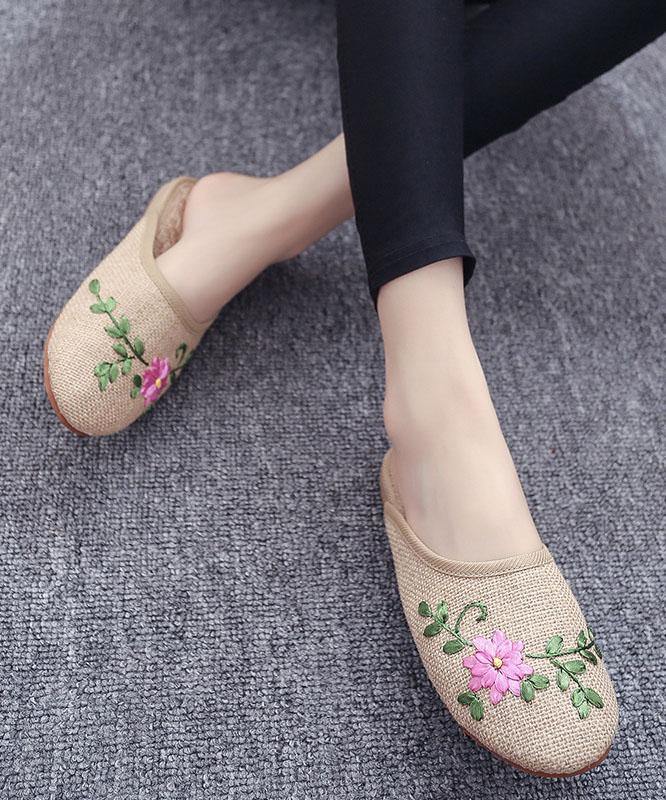 Women Khaki Embroidered Linen Fabric Slippers Shoes