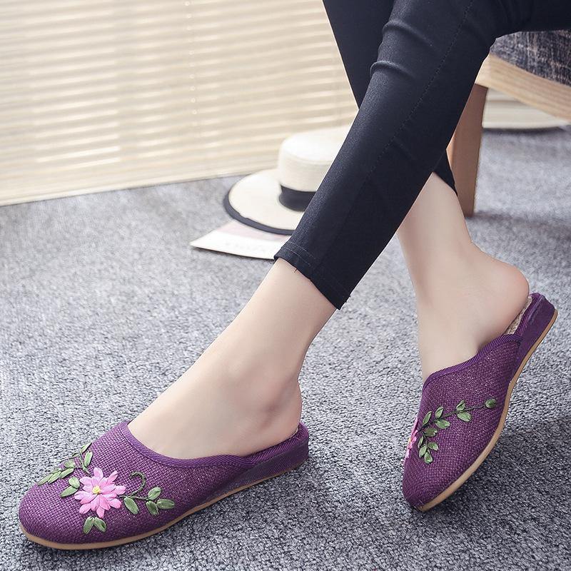 Women Khaki Embroidered Linen Fabric Slippers Shoes