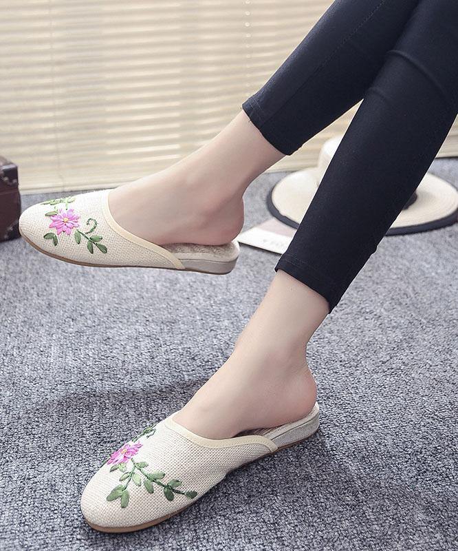 Women Khaki Embroidered Linen Fabric Slippers Shoes