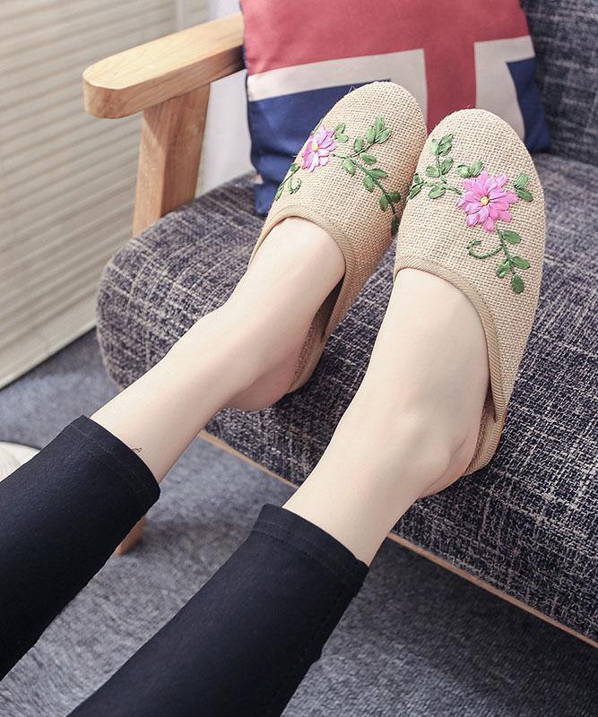 Women Khaki Embroidered Linen Fabric Slippers Shoes